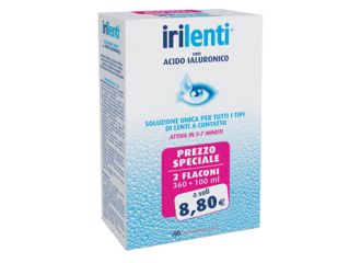 Soluzione unica per lenti a contatto irilenti con acido ialuronico 2 flaconi da 360 ml + 100 ml